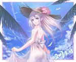  ass bare_shoulders blue_sky breasts dated day dress feathers flower hat hat_flower highres long_hair looking_at_viewer original outdoors palm_tree purple_eyes skirt_hold sky small_breasts standing straw_hat summer sun_hat ten_no_hoshi tree white_dress 
