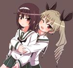  alternate_costume anchovy bangs black_hair black_neckwear black_ribbon blouse brown_eyes chawan_(yultutari) closed_mouth commentary drill_hair frown girls_und_panzer green_hair green_skirt grey_background hair_ribbon highres hug hug_from_behind lifting_person long_hair long_sleeves looking_at_viewer miniskirt multiple_girls neckerchief one_eye_closed ooarai_school_uniform open_mouth pleated_skirt red_eyes reizei_mako ribbon school_uniform serafuku simple_background skirt smile standing twin_drills twintails upper_body white_blouse 
