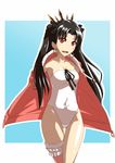  ass_visible_through_thighs black_hair black_ribbon casual_one-piece_swimsuit cowboy_shot earrings fate/grand_order fate_(series) halcyon_(halcyon90) highres ishtar_(fate/grand_order) ishtar_(swimsuit_rider)_(fate) jacket jewelry long_hair looking_at_viewer one-piece_swimsuit open_mouth pink_jacket red_eyes ribbon solo strapless strapless_swimsuit swimsuit white_swimsuit 