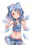  absurdres adapted_costume artist_name bare_shoulders blue_eyes blue_hair blue_shirt blue_skirt bow cirno commentary hair_bow highres hogo ice ice_wings looking_at_viewer midriff navel pleated_skirt pointing pointing_at_self shirt short_hair skirt sleeveless sleeveless_shirt smile solo touhou wings 