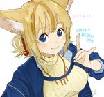  animal_ears bangs blonde_hair blue_eyes blue_jacket breasts closed_mouth commentary_request dated earrings english fox_ears fox_shadow_puppet happy_birthday jacket jewelry large_breasts looking_at_viewer multicolored_hair open_clothes open_jacket sako_(user_ndpz5754) short_hair signature sleeves_rolled_up smile solo streaked_hair sweater turtleneck turtleneck_sweater yellow_sweater 