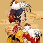  2017 animal animal_on_head bangs bird blue_eyes blue_hair brown_background chicken chinese_zodiac commentary english floral_print flower food fruit hair_flower hair_ornament hairclip highres japanese_clothes kanzashi kimono looking_at_viewer looking_back mandarin_orange obi on_head open_mouth red_kimono rooster sako_(user_ndpz5754) sash smile solo swept_bangs tied_hair year_of_the_rooster 