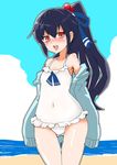  alternate_hairstyle ashitaba_tomorou ass_visible_through_thighs beach black_hair blue_jacket blue_sky blush casual_one-piece_swimsuit cloud day hair_ribbon hatsushimo_(kantai_collection) jacket kantai_collection long_hair looking_at_viewer one-piece_swimsuit open_mouth outdoors ponytail red_eyes ribbon sand sky smile solo standing swimsuit water white_swimsuit 