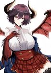  astraea_(atelierastraea) black_legwear breast_suppress breasts brown_eyes center_frills closed_mouth dragon_horns dragon_wings eyebrows_visible_through_hair frown granblue_fantasy grea_(shingeki_no_bahamut) hair_between_eyes head_tilt highres horns large_breasts looking_at_viewer off_shoulder plaid plaid_skirt pleated_skirt purple_hair red_skirt shingeki_no_bahamut shirt short_hair skirt solo thighhighs white_background white_shirt wings 