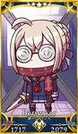  ahoge april_fools arms_at_sides artoria_pendragon_(all) blonde_hair chibi coke-bottle_glasses fate/grand_order fate_(series) glasses hair_between_eyes highres holding holding_sword holding_weapon jacket mysterious_heroine_x_(alter) official_art opaque_glasses open_clothes open_jacket plaid plaid_scarf red_scarf riyo_(lyomsnpmp) scarf scarf_over_mouth school_uniform servant_card_(fate/grand_order) solo star sword weapon 