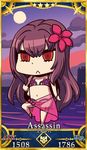  :&lt; april_fools bikini chibi fate/grand_order fate_(series) flower hair_flower hair_ornament hibiscus highres knee_up leg_up long_hair looking_at_viewer navel official_art purple_hair red_eyes red_flower riyo_(lyomsnpmp) scathach_(fate)_(all) scathach_(swimsuit_assassin)_(fate) servant_card_(fate/grand_order) solo swimsuit 