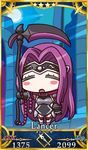  april_fools black_gloves blush_stickers chibi closed_eyes collar fate/grand_order fate_(series) gloves highres holding holding_weapon long_hair medusa_(lancer)_(fate) no_nose official_art open_mouth purple_hair rider riyo_(lyomsnpmp) servant_card_(fate/grand_order) solo star very_long_hair weapon 