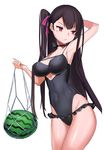  arm_up armpits bangs black_hair black_swimsuit blush breasts btraphen cleavage closed_mouth commentary contrapposto covered_navel cowboy_shot eyebrows_visible_through_hair food fruit girls_frontline hair_ribbon hand_up highres hips large_breasts long_hair looking_to_the_side md5_mismatch mesh one-piece_swimsuit one_side_up purple_eyes purple_ribbon ribbon simple_background solo standing swimsuit thighs tsurime very_long_hair wa2000_(girls_frontline) watermelon white_background 