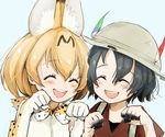  :d animal_ears aqua_background backpack bag black_hair blonde_hair blush bow bowtie closed_eyes closed_mouth commentary dirty elbow_gloves eyebrows_visible_through_hair gloves hair_between_eyes hat hat_feather helmet highres kaban_(kemono_friends) kemono_friends multiple_girls open_mouth paw_pose pith_helmet red_shirt sako_(user_ndpz5754) serval_(kemono_friends) serval_ears serval_print shirt short_hair simple_background smile white_shirt 