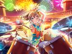  bang_dream! blue_eyes blush brown_hair drums hanabi long_hair music night ponytail smile wink yamabuki_saaya yukata 