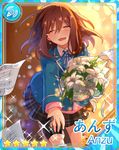  1girl anzu_(ensemble_stars!) blazer bouquet brown_hair card_(medium) card_parody closed_eyes ensemble_stars! fake_screenshot flower holding_hands jacket kyoki_(bakat) lily_(flower) long_hair necktie plaid plaid_skirt skirt smile solo_focus tears tsukinaga_leo yumenosaki_school_uniform 