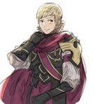  blonde_hair blush cape fire_emblem fire_emblem_if gauntlets krazehkai looking_at_viewer male_focus siegbert_(fire_emblem_if) simple_background solo white_background 