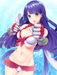  bangs bikini blue_eyes breasts cleavage clenched_hands commentary_request cowboy_shot d: dutch_angle elbow_gloves eyebrows_visible_through_hair fate/grand_order fate_(series) frilled_bikini frills gauntlets gloves highres hisayaki_kyuu large_breasts long_hair looking_at_viewer open_mouth purple_hair red_gloves saint_martha saint_martha_(swimsuit_ruler)_(fate) solo swimsuit teeth v-shaped_eyebrows white_bikini 