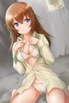  artist_name bangs blue_eyes bra breasts brown_hair charlotte_e_yeager cleavage closed_mouth dress_shirt dutch_angle eyebrows_visible_through_hair haruhata_mutsuki long_hair looking_at_viewer medium_breasts no_pants open_clothes open_shirt panties see-through shirt signature sitting smile solo strike_witches twitter_username underwear wariza wet wet_clothes wet_shirt white_bra white_panties white_shirt world_witches_series 