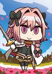  :&gt; april_fools astolfo_(fate) black_bow bow braid chibi fate/apocrypha fate/grand_order fate_(series) hair_bow holding holding_sword holding_weapon long_hair looking_at_viewer male_focus official_art otoko_no_ko petals pink_eyes pink_hair riyo_(lyomsnpmp) solo star sword weapon 