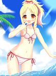  :d absurdres bangs bare_arms bare_shoulders bikini blonde_hair blue_sky blush bow breasts brown_eyes chinese_commentary cloud collarbone commentary_request cowboy_shot day drill_hair eromanga_sensei eyebrows_visible_through_hair front-tie_bikini front-tie_top hair_bow hand_to_own_mouth hand_up high_ponytail highres lens_flare long_hair looking_at_viewer navel ocean open_mouth outdoors outstretched_arm palm_tree partial_commentary pink_bow red_bow side-tie_bikini sidelocks sky small_breasts smile solo striped striped_bikini swimsuit tree twin_drills wading water wet xiaosamiao yamada_elf 