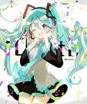  ;d anniversary aqua_eyes aqua_hair aqua_neckwear atsumi_jun bangs black_skirt collared_shirt commentary_request confetti cowboy_shot detached_sleeves eyebrows_visible_through_hair grey_shirt hair_between_eyes hands_on_own_cheeks hands_on_own_face hands_up hatsune_miku long_hair looking_at_viewer necktie one_eye_closed open_mouth pleated_skirt round_teeth shirt shoulder_tattoo skirt smile solo tattoo teeth thighhighs twitter_username very_long_hair vocaloid 