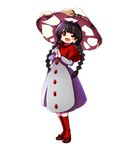  ajirogasa baba_(baba_seimaijo) black_hair braid buttons capelet commentary_request dress earlobes full_body grey_dress hands_together hat highres long_hair long_sleeves looking_at_viewer open_mouth red_capelet red_eyes red_legwear sandals solo standing touhou transparent_background twin_braids yatadera_narumi 