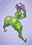  2019 anus areola big_butt big_lips breasts butt checkered_background derek_hetrick fangs featureless_feet female flora_fauna humanoid leaf leg_grab lips mario_bros nintendo open_mouth pattern_background piranha_plant plant pussy rear_view sharp_teeth simple_background solo suggestive suggestive_gesture teeth tongue tongue_out video_games 