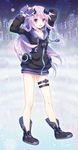  adult_neptune book boots breasts choker d-pad d-pad_hair_ornament full_body hair_ornament hairclip hand_behind_head hands_up highres hood hooded_jacket jacket long_hair looking_at_viewer medium_breasts narinn neptune_(series) number purple_eyes purple_hair smile solo thigh_strap 