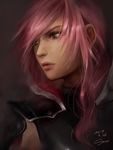  asymmetrical_hair bangs closed_mouth commentary_request dated final_fantasy final_fantasy_xiii green_eyes lightning_farron long_hair looking_away pink_hair realistic red_lips sako_(user_ndpz5754) signature solo swept_bangs 