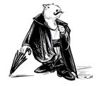  2004 anthro black_and_white boots cape capybara clothing facial_hair footwear male mammal monochrome mustache rodent simple_background solo umbrella ursula_vernon white_background 