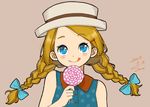  :q aqua_ribbon bare_shoulders blonde_hair blue_shirt blush braid brown_background candy closed_mouth commentary_request dated eyebrows_visible_through_hair food hair_ribbon hat highres holding_lollipop lollipop long_hair looking_at_viewer polka_dot polka_dot_shirt ribbon sako_(user_ndpz5754) shirt signature simple_background smile solo tongue tongue_out tress_ribbon twin_braids 