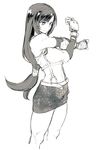  belt brass_knuckles commentary_request crop_top elbow_pads final_fantasy final_fantasy_vii fingerless_gloves gloves greyscale highres kotoyama long_hair low_ponytail monochrome navel sidelocks sketch skirt solo stretch suspenders tifa_lockhart weapon white_background 
