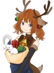  animal_ears antlers bangs bare_shoulders black_gloves blue_eyes blunt_bangs brown_hair candy candy_cane closed_mouth commentary elbow_gloves eyebrows_visible_through_hair food fur_trim gift gloves hair_ornament highres looking_at_viewer reindeer_antlers reindeer_ears reindeer_tail ribbon sack sako_(user_ndpz5754) simple_background smile snowman solo tail turtleneck twintails upper_body white_background 