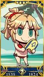  april_fools bikini blonde_hair chibi fate/grand_order fate_(series) green_eyes highres holding looking_at_viewer mordred_(fate)_(all) mordred_(swimsuit_rider)_(fate) navel official_art ponytail red_bikini riyo_(lyomsnpmp) servant_card_(fate/grand_order) smile solo surfboard swimsuit 