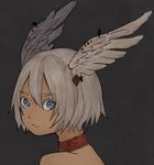  bangs bare_shoulders blue_eyes choker closed_mouth commentary from_side grey_background hair_between_eyes hair_ornament head_wings highres looking_at_viewer looking_back portrait sako_(user_ndpz5754) short_hair simple_background solo white_hair 
