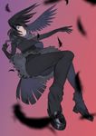  ass bad_id bad_pixiv_id bird_tail bird_wings black_feathers black_footwear black_hair black_legwear black_shirt black_skirt black_wings blue_eyes blurry bodystocking closed_mouth expressionless feathered_wings feathers floating foreshortening frilled_skirt frills from_side full_body gradient gradient_background hair_over_one_eye hands_up head_wings highres jungle_crow_(kemono_friends) juz kemono_friends knees_up looking_at_viewer looking_down outstretched_arm pantyhose sailor_collar shirt shoes short_hair short_sleeves skirt skirt_lift socks solo tail upshirt wind wind_lift wings 