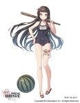  artist_name bangs blunt_bangs breasts brown_hair club competition_school_swimsuit copyright_name covered_navel food fruit full_body green_eyes hand_on_hip long_hair looking_at_viewer medium_breasts official_art one-piece_swimsuit over_shoulder pigg_brave sandals solo standing swimsuit watermark watermelon weapon yu-ri 