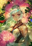  altera_(fate) blue_ribbon blurry blurry_background bouquet breasts choker commentary_request dappled_sunlight dark_skin day elbow_gloves fate/extella fate/extella_link fate/extra fate/grand_order fate_(series) flower gloves highres holding holding_bouquet leaf light_particles light_smile looking_at_viewer medium_breasts petals pink_flower pink_rose plant red_eyes red_ribbon ribbon rose short_hair smile solo sunlight tattoo terai_(teraimorimori) veil white_bikini_top white_gloves white_hair 