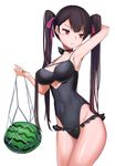  alternate_hairstyle arm_up armpits bangs black_hair black_swimsuit blush breasts btraphen cleavage closed_mouth contrapposto covered_navel cowboy_shot eyebrows_visible_through_hair food fruit girls_frontline hair_ribbon hand_up highres hips large_breasts long_hair looking_to_the_side mesh one-piece_swimsuit purple_eyes purple_ribbon ribbon simple_background solo standing swimsuit thighs tsurime twintails very_long_hair wa2000_(girls_frontline) watermelon white_background 