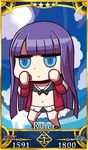  april_fools bangs bikini blue_eyes blunt_bangs chibi clenched_hands cloud day fate/grand_order fate_(series) highres jacket long_hair looking_at_viewer navel official_art open_clothes open_jacket purple_hair riyo_(lyomsnpmp) saint_martha saint_martha_(swimsuit_ruler)_(fate) servant_card_(fate/grand_order) solo swimsuit 