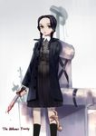  1girl addams_family black_hair braid chair coat knife lips skirt twin_braids wednesday_addams 