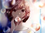  bangs brown_eyes brown_hair bubble close-up commentary hand_to_own_mouth highres long_sleeves looking_at_viewer sako_(user_ndpz5754) shirt short_hair solo white_shirt 
