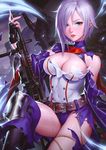  armor asymmetrical_hair belt blue_panties blush boots breasts chain detached_sleeves feet_out_of_frame fingerless_gloves girls_frontline gloves green_eyes gun hair_over_one_eye halterneck highres holding holding_gun holding_weapon knee_pads knee_up large_breasts lavender_hair leaf98k lipstick looking_at_viewer machine_gun makeup medium_hair mg5 mg5_(girls_frontline) panties parted_lips red_lipstick shirt skindentation solo sweat torn_clothes turtleneck underwear weapon white_shirt 