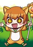  1girl animal_costume animal_ears april_fools blush_stickers cat_costume chibi extra_ears fate/grand_order fate_(series) fujimura_taiga holding jaguar_ears jaguarman_(fate/grand_order) looking_at_viewer official_art open_mouth orange_hair outstretched_arms riyo_(lyomsnpmp) short_hair smile solo 