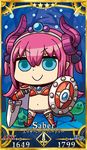  :&gt; april_fools armor bikini bikini_armor blue_eyes chibi curled_horns elizabeth_bathory_(brave)_(fate) elizabeth_bathory_(fate)_(all) fate/grand_order fate_(series) highres holding holding_shield holding_sword holding_weapon long_hair official_art pink_hair pointy_ears red_armor red_bikini riyo_(lyomsnpmp) servant_card_(fate/grand_order) shield slime smile swimsuit sword tail tiara two_side_up weapon 