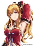  armpits artist_name bad_id bad_pixiv_id blonde_hair breasts cleavage detached_sleeves granblue_fantasy hair_between_eyes highres long_hair looking_at_viewer medium_breasts ponytail red_eyes smile solo vido_sprout vira_lilie white_background 