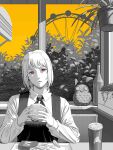  1girl 300beans666 bird black_dress bottle burger bush chainsaw_man collared_shirt commentary_request cup disposable_cup dress drinking_straw earrings fami_(chainsaw_man) ferris_wheel food fourth_east_high_school_uniform french_fries highres jewelry looking_at_viewer mcdonald's medium_hair mole mole_under_eye mole_under_mouth multiple_moles neck_ribbon owl parted_lips partially_colored pinafore_dress pink_eyes plant potted_plant ribbon ringed_eyes school_uniform shirt sitting sleeveless sleeveless_dress solo tassel tassel_earrings upper_body white_shirt 