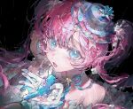  1girl aegyo_sal bare_shoulders barre black_background blue_choker blue_dress blue_eyes blue_hat blue_ribbon blue_wrist_cuffs blunt_bangs bow chinese_commentary choker commentary_request crying crying_with_eyes_open dance_till_dawn_(infinity_nikki) detached_sleeves dot_nose dress fengxinzideeryu flower frilled_dress frilled_wrist_cuffs frills gloves hair_ornament hair_scrunchie hat hat_bow highres holding holding_flower infinity_nikki lace-trimmed_sleeves lace_trim light_blush lolita_fashion long_hair long_sleeves mini_hat mini_top_hat neck_ribbon nikki_(series) official_alternate_color open_mouth pink_flower pink_hair print_bow rain red_bow ribbon scrunchie simple_background solo star_(symbol) star_choker strapless strapless_dress surprised teardrop tears top_hat twintails two-tone_wrist_cuffs upper_body wavy_hair white_flower white_gloves white_scrunchie white_sleeves white_wrist_cuffs wrist_cuffs 