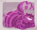  absurd_res alice_in_wonderland anthro big_butt bodily_fluids butt capitankoki cheshire_cat cheshire_cat_(species) claws feet feet_up fur half-closed_eyes head_on_hand hi_res invisible laugh male moobs narrowed_eyes nipples onomatopoeia purple_body sharp_teeth smile solo sound_effects striped_body striped_fur stripes sweat sweaty_body tail teeth text translucent translucent_body wiggling_butt yellow_sclera 
