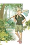  1boy black_shirt butterfly_net child closed_mouth commentary_request forest full_body hand_net hand_on_own_hip highres hikaru_ga_shinda_natsu holding holding_butterfly_net indou_hikaru korean_commentary looking_at_viewer male_focus nature red_shoes shirt shoes shorts smile solo standing su_moong teeth towel towel_around_neck white_hair 