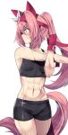  1girl absurdres animal_ears black_sports_bra breasts ear_covers english_commentary gloves haru_urara_(umamusume) headband high_ponytail highres hinghoi horse_ears horse_girl horse_tail muscular muscular_female ponytail profile red_gloves red_headband smile solo sports_bra stretching sweat tail umamusume white_background yoga_shorts 