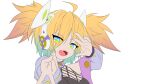  absurdres ahoge bare_shoulders blonde_hair fang franca_(starward) gyaru_v hamsterxsam highres jacket open_mouth smile starward twintails v 