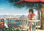  balcony bendy_straw blue_dress blue_eyes blue_sky bow bowtie brown_hair capelet chair chin_rest city cityscape cloud crossed_legs cup daisy day dress drinking_glass drinking_straw elbow_rest expressionless flower frilled_skirt frills gem highres holding looking_to_the_side md5_mismatch mountain original outdoors railing red_bow red_neckwear shade shadow short_hair sitting skirt sky solo stairs sugi87 table tree umbrella water 