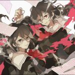  2girls blood blood_on_weapon braid brown_eyes brown_hair brown_shirt collared_shirt danganronpa:_trigger_happy_havoc danganronpa_(series) dual_persona eyelashes fukawa_toko genocider_sho glasses graph_paper hair_between_eyes holding holding_scissors long_hair long_sleeves mole mole_under_mouth multiple_girls neckerchief paper pink_blood red_eyes red_neckerchief sailor_collar scissors shina_000 shirt smile string string_of_fate sweatdrop third-party_source twin_braids twintails weapon white_sailor_collar 